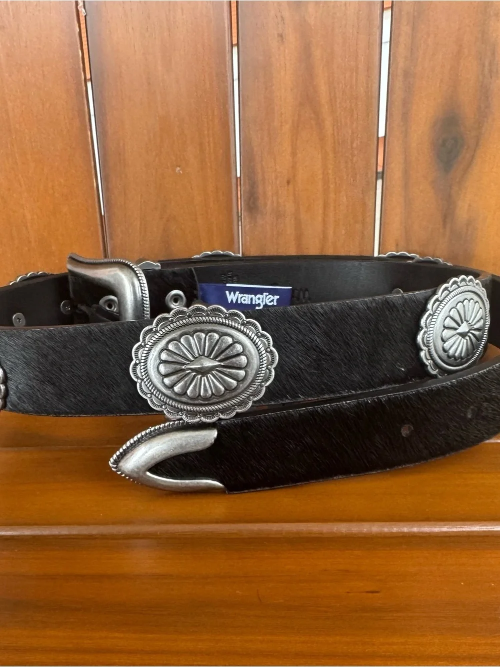 Wrangler Black Hair-On Leather Belt with Silver Conchos new with tag